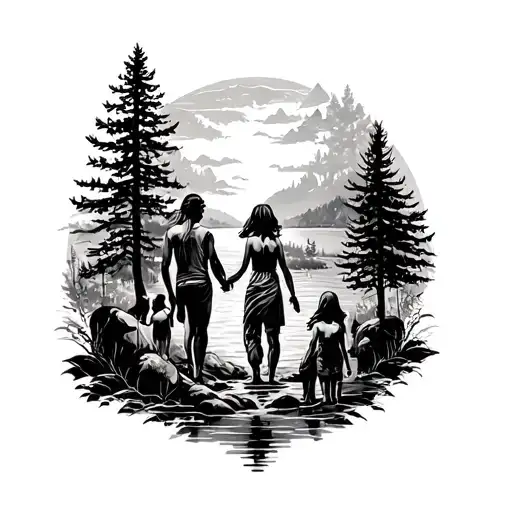 A Tattoo Depicting Family And Nature Scenes Intertwined