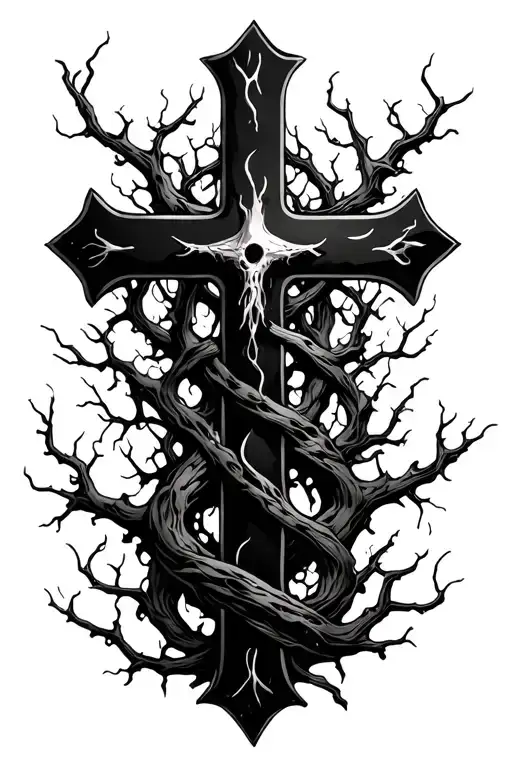 All Black Cross Surrounded And Vine Wrapping Poison Tree Branches