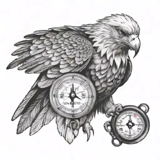 A Black-grey Tattoo Of A Majestic Eagle Holding A Geocaching Compass In Its Talons