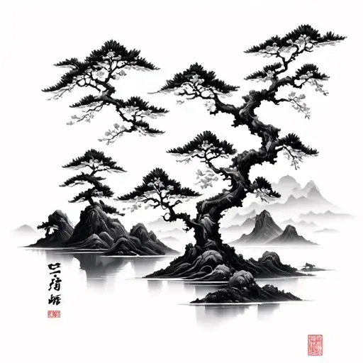 Make A Full Sleeve Design In Chinese Style With Mountain River Pine Trees And Peach Blossom