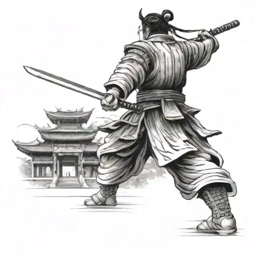 Backside Of Samurai With Sword Dragging Walking Towards Temple