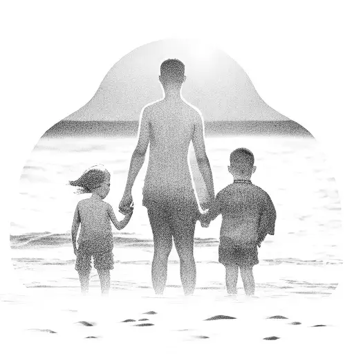 Father And 2 Children Watching Sunset At Beach