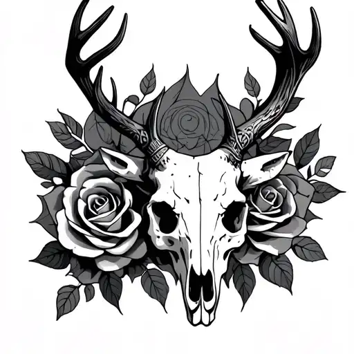 Deer Skull With Rose And Viking Runes