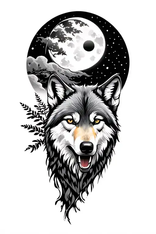 Sun And Moon Wolf Howlfing In Nature Setting