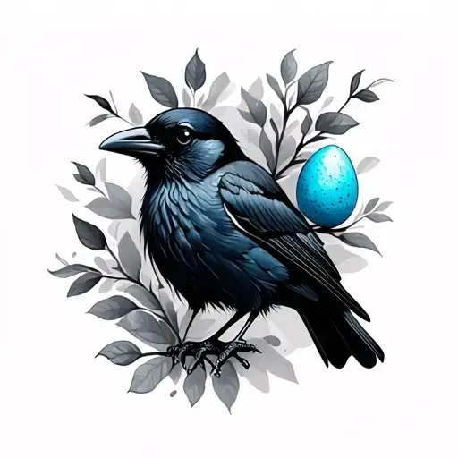 Black Crow With Blue Robin's Egg In Its Beak