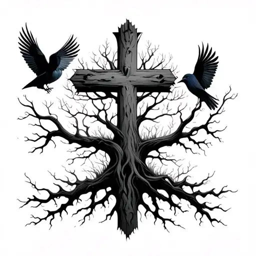 Poison Tree Grown Around A Cross With Birds To Show Lost Ones