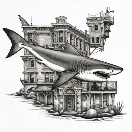 A Detailed Black And Grey Tattoo Of A Shark Swimming Near An Old Building In San Francisco
