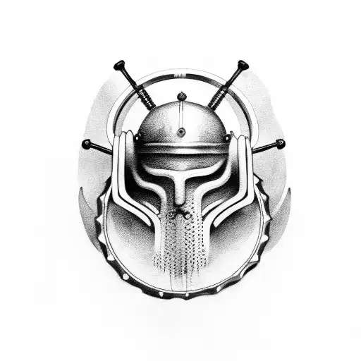A Black And Grey Tattoo Of A Viking Helmet Adorned With Bike Gears And Surrounded By Musical Notes