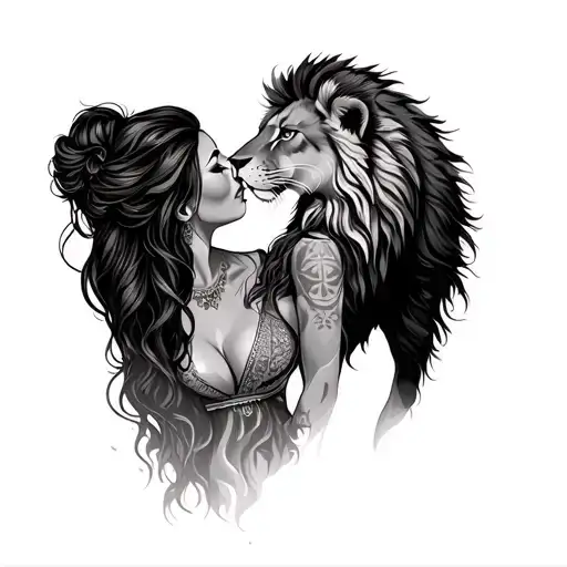 Woman And Lion Facing Away