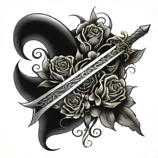 Vertical Sword Surounded By A Snake And Few Flowers