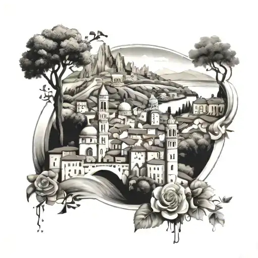 A Scenic Italian Landscape With Iconic Landmarks Intertwined With Symbols Of Wealth