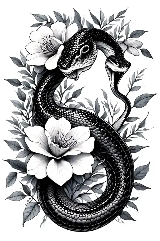 Feminine Snake Wrapped In Exotic Flowers And Foliage Weaving In And Out Of The Skin
