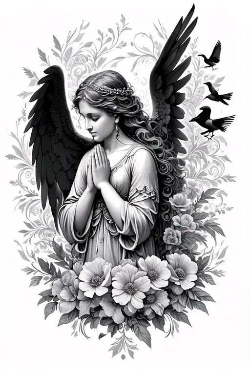 Female Angel Praying Surrounded By Floral Patterns And Birds
