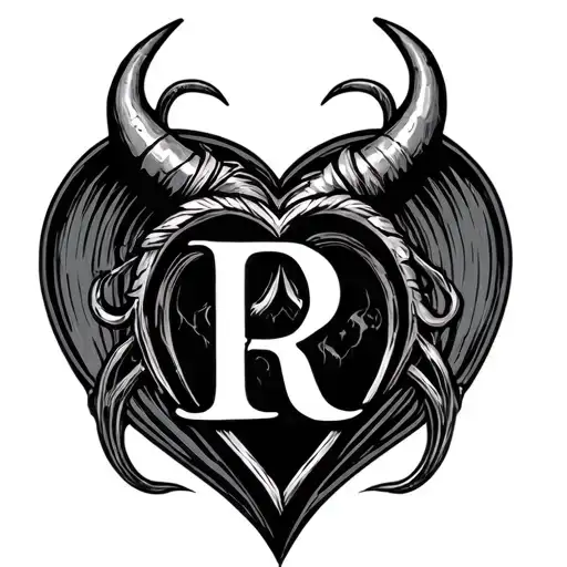 Devil Horn Heart With Initial R Linework