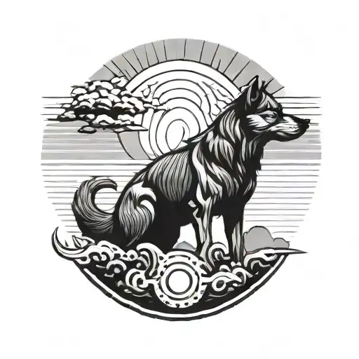 A Dog Silhouette With A Japanese Rising Sun In The Background