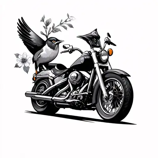 Motorcycle Road Pin Up Bird With Flowers With