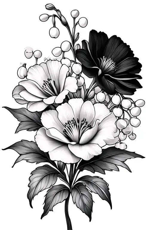 Carnation And Lily Of The Valley And Gladiolus And Marigold And Cosmos And Peony