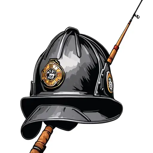 British Firefighters Helmet With Fishing Rod Leaning Against It