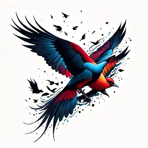 Birds Dying Through A World Wind Going Up The Right Side In Front Of Ear Colors Maroon Blue Black