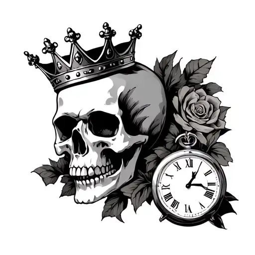 Skull With Crown And Clock