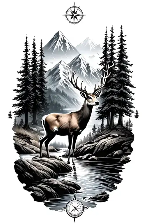 Mountains Trees Stream With Compass And Male Deer