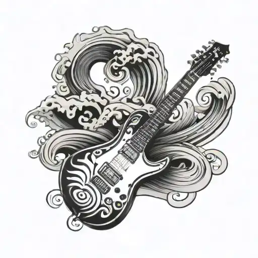 A Tattoo Design Featuring A Guitar And A Wave To Represent The Client's Love For Music And Surfing