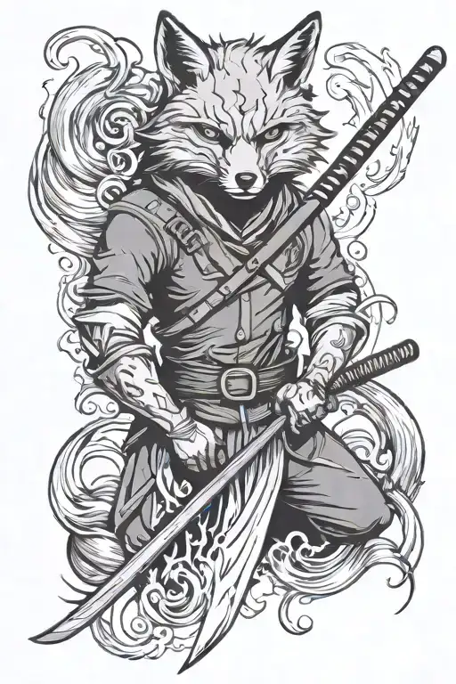 A Fox In A Mask Holds A Katana Wrapped In Fire