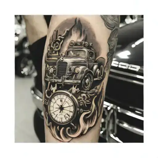 A Dynamic Tattoo Showcasing A Roaring Fire Surrounded By Classic Cars And Vintage Watches