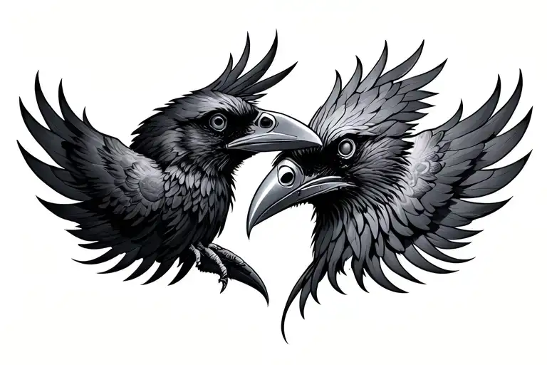 2 Raven Heads With Metalwork On Beaks