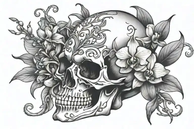 Orchid Vine Wrapping Skull With Horns