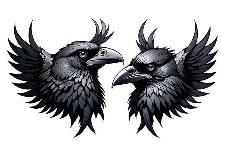 2 Raven Heads With Metalwork On Beaks