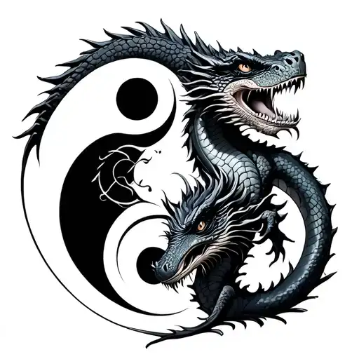 Komodo Dragon And Japanese Dragon With Ying Yang Symbol