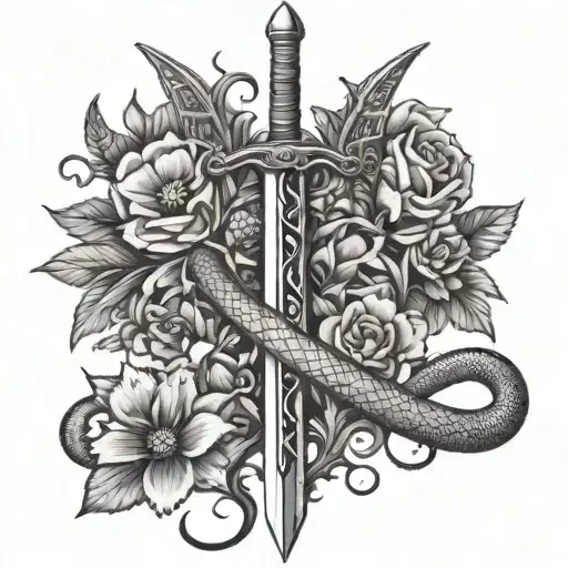 Vertical Standing Sword Surounded By A Snake And Few Flowers