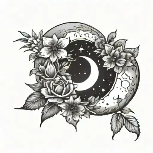 Waxing Crescent Moon With Birth Flowers And Stars