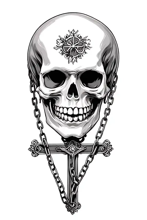 Head Skeleton With Chain To A Cross