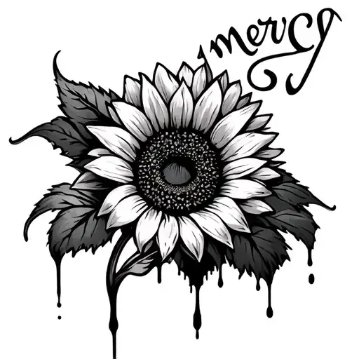 Sunflower Tattoo With The Word Mercy With Blood Dripping Off The Petals