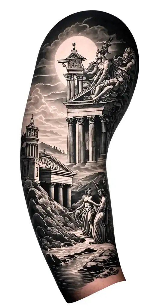 Greek Mythology Inspired Tattoo Featuring Landmarks