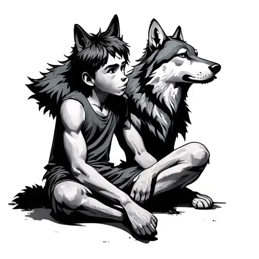Wolf Staring A Boy Sitting
