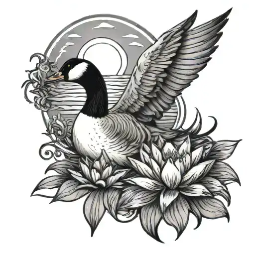 Goose Surrounded By Water Lilies And Sun In Background