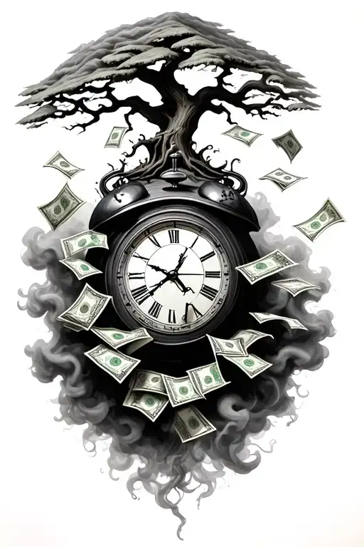 Poison Tree Growing Money Ontop Of A Clock Surrounded With Smoke