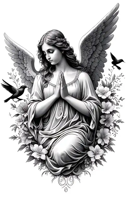 Female Angel Praying Surrounded By Floral Patterns And Birds