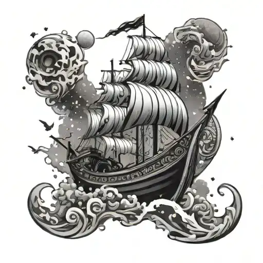 A Viking Ship Sailing Through A Galaxy Filled With Manga Characters