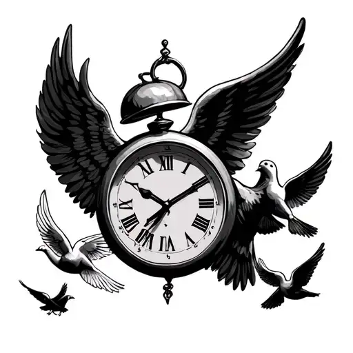 Time Clock With Angel Wings And Doves Flying