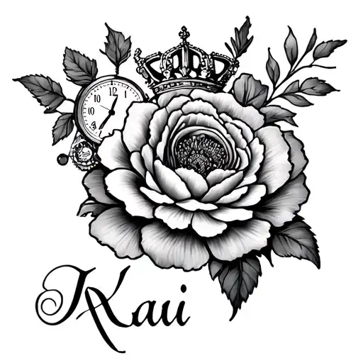 Forearm Sleeve With Name Kai And A Carnation With A Clock And Gears And A Crown