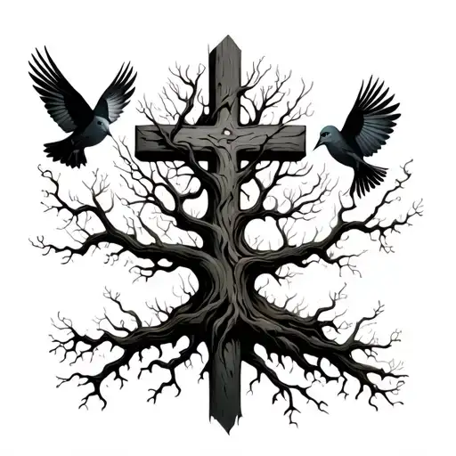 Poison Tree Grown Around A Cross With Birds To Show Lost Ones