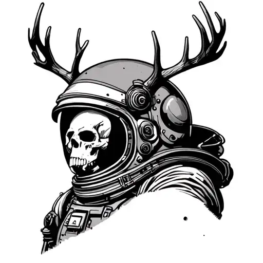 Astronaut Helment With Skull Inside And Deer Antlers Coming Out Of The Helment
