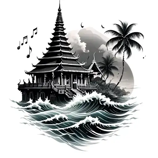 Thai Temple And Music Waves With Sea