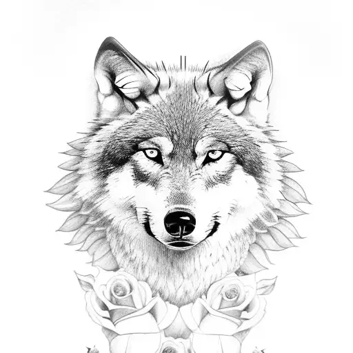 Wolf With Sunflowers And Roses Surrounding It