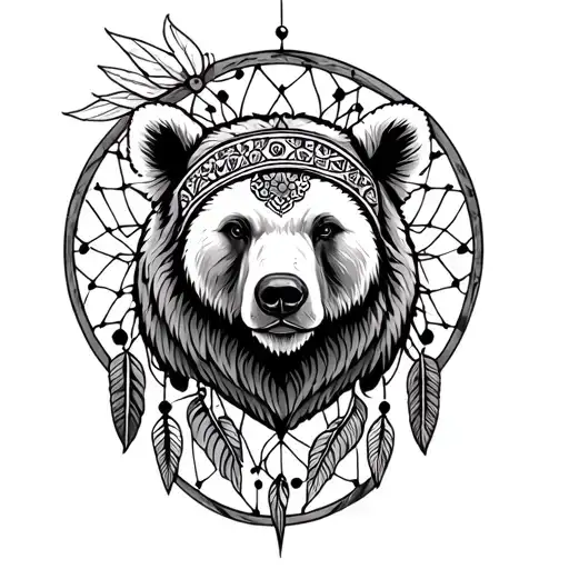 Bear With Head Dress And Dream Catcher Back Ground