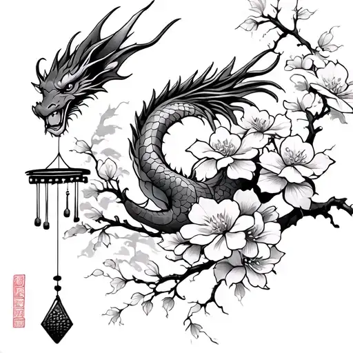 Sakura Flowers With Wind Chime Flying And Dragon